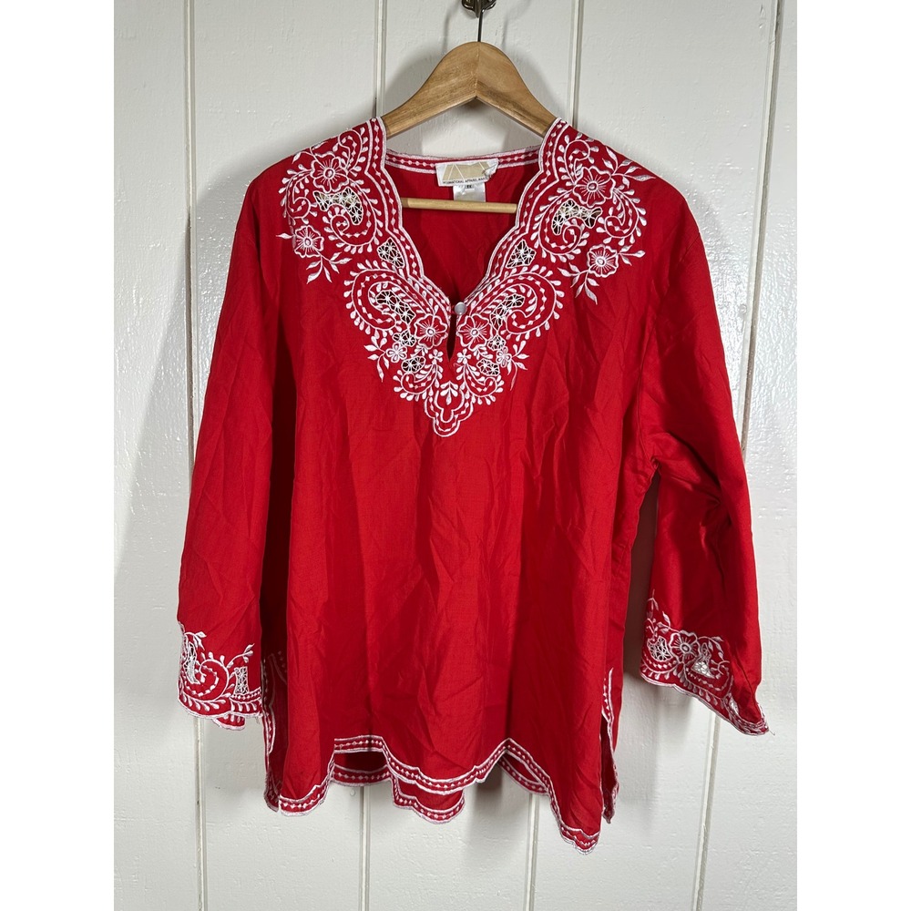 International Apparel Mart Tunic Womens 1X Red Embroidered Boho V-Neck Top